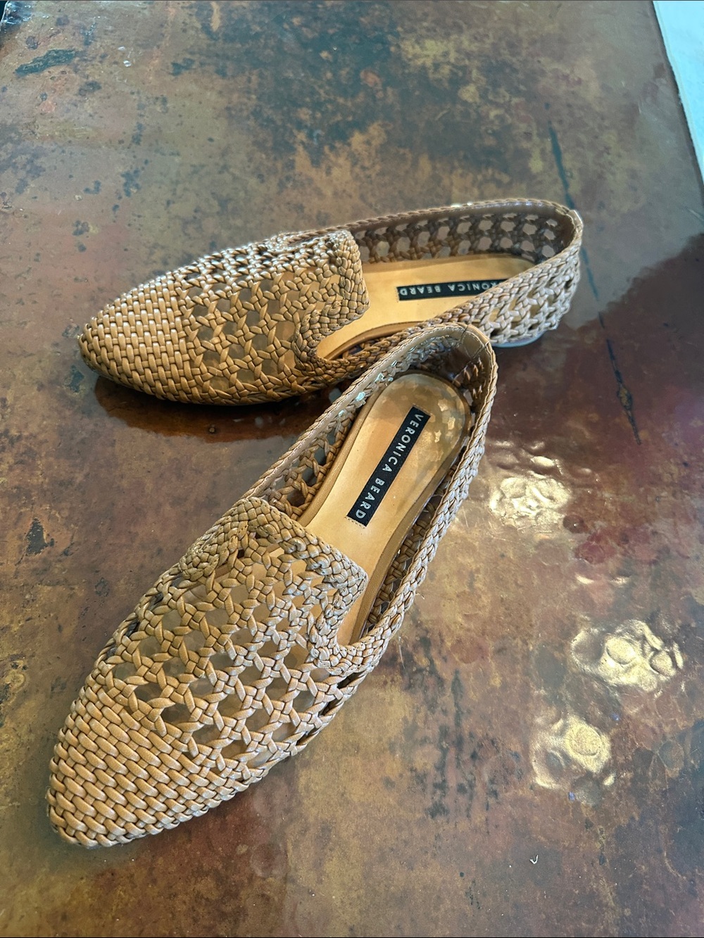 Veronica Beard Tan Woven Pointed-Toe Loafers